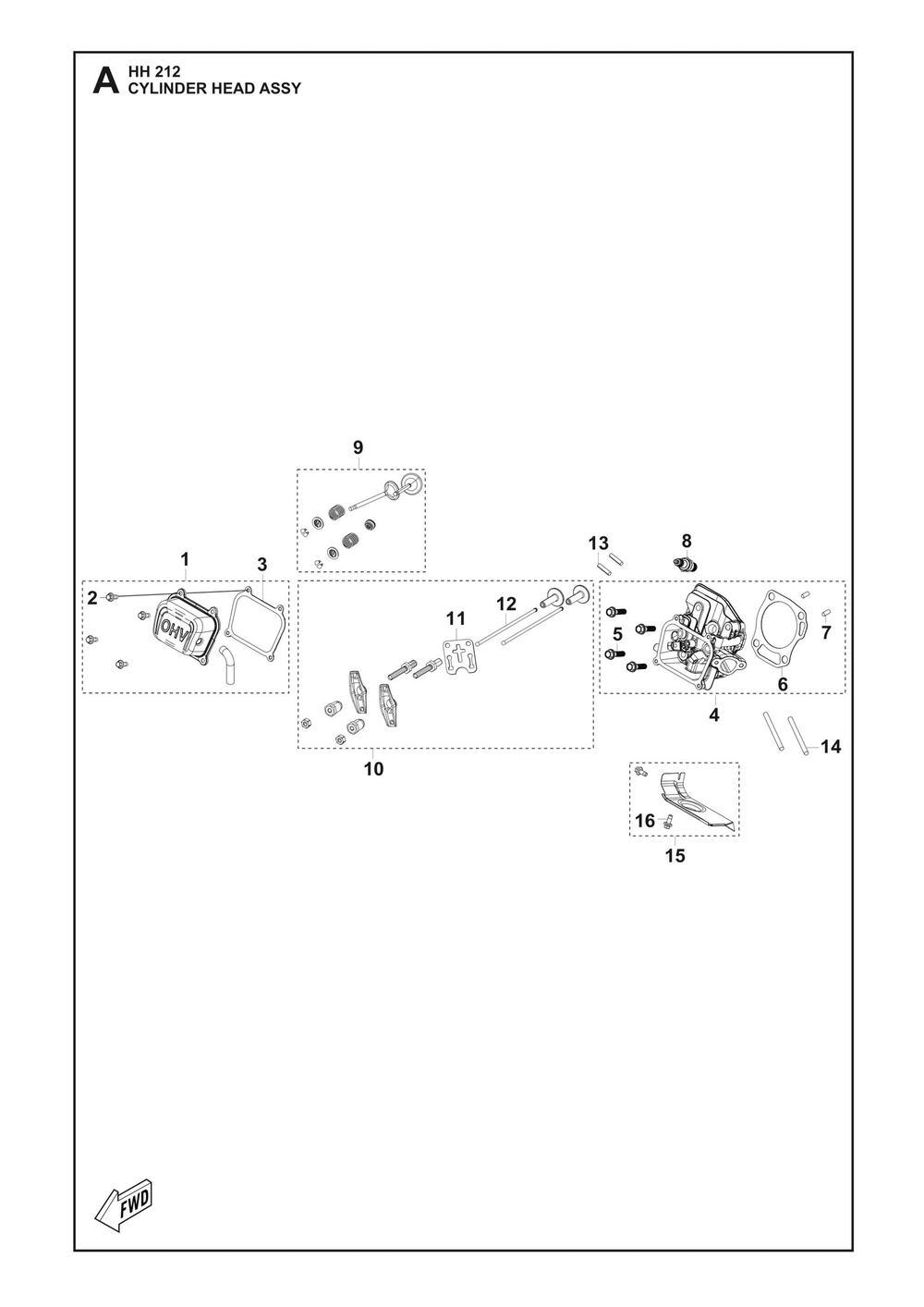 Cylinder Head Diagram and Parts List for HH212 598609601, 598609602, 598609603 Husqvarna Engine