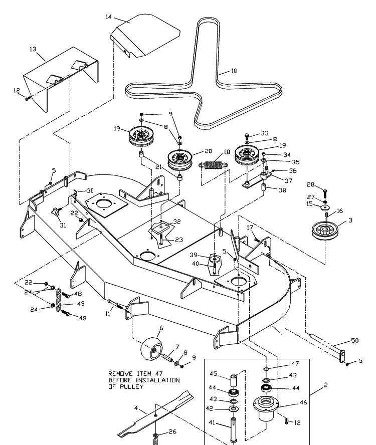 Front Deck Assembly Diagram and Parts List for ZTH5221KA 2000-09 Husqvarna Lawn Mower