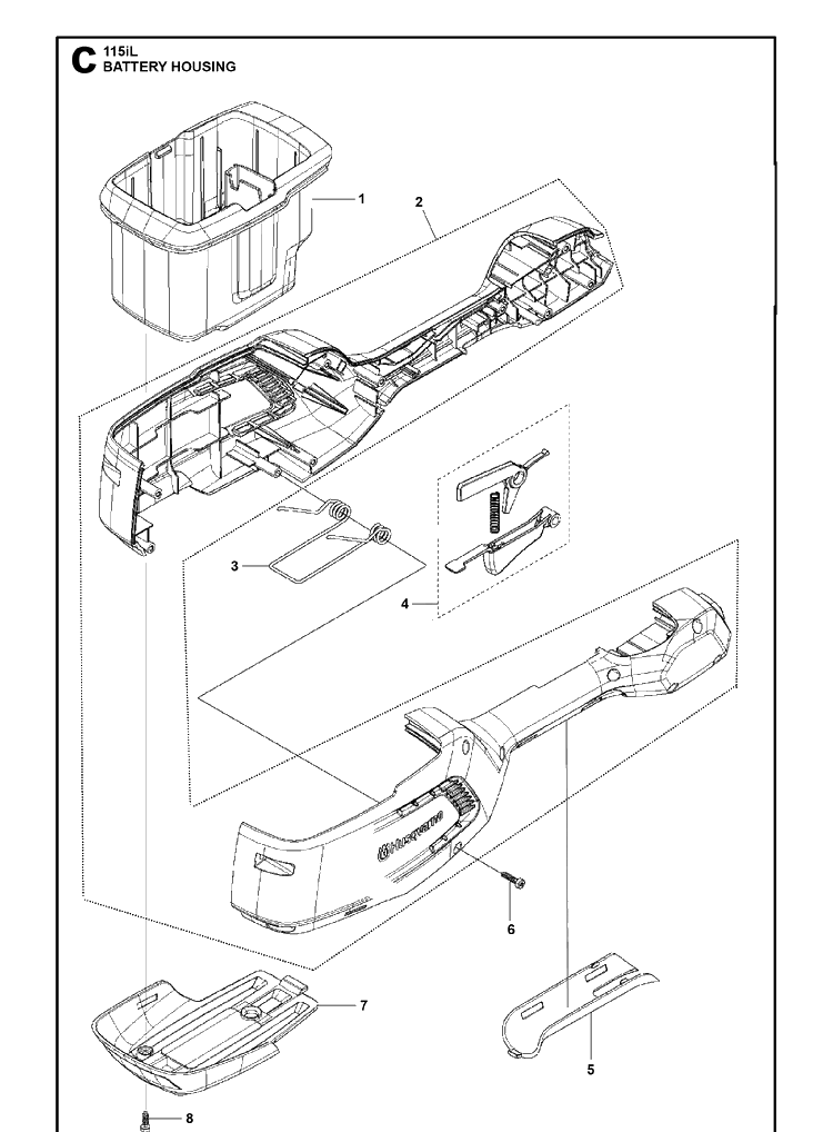 Battery Diagram and Parts List for 115IL  Husqvarna Edger