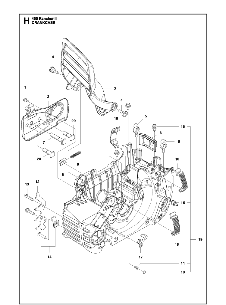 Crankcase Diagram and Parts List for 455 (Rancher II)(2012-06) Husqvarna Chainsaw