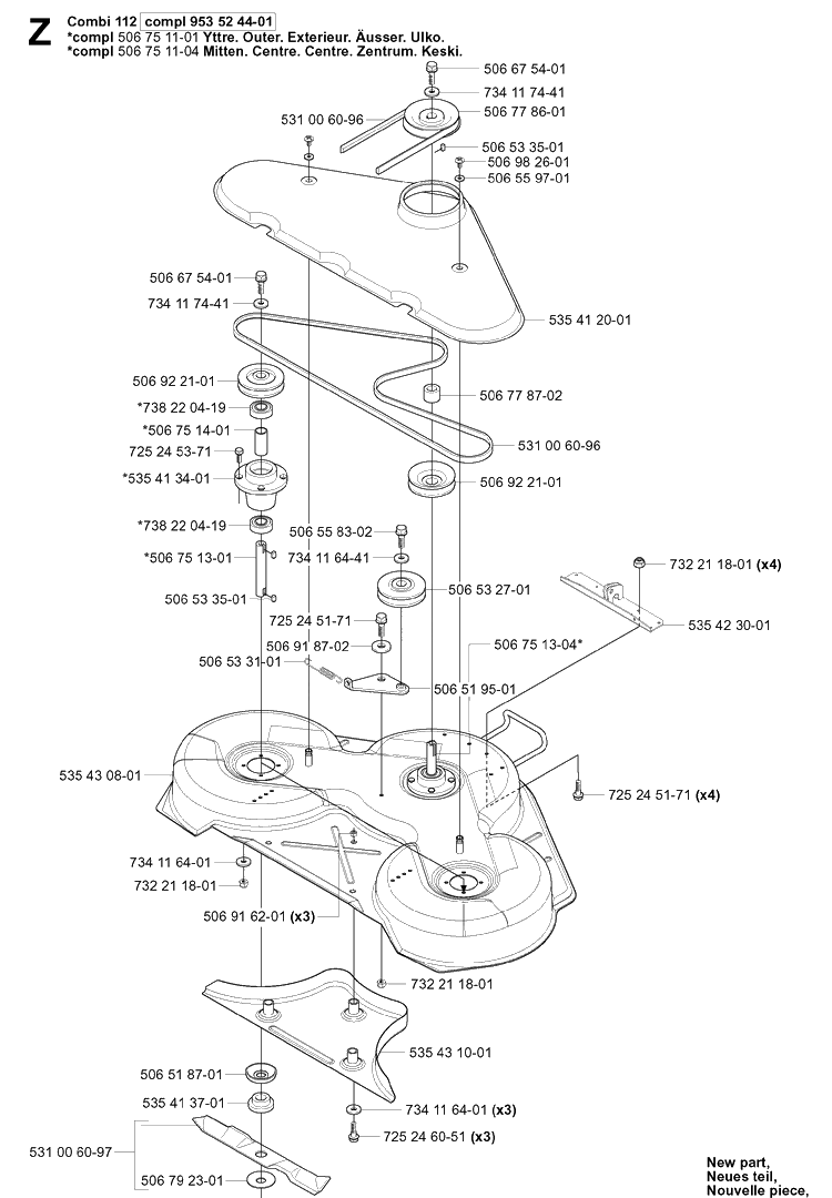 44 Inch/112cm Cutting Deck Diagram and Parts List for PR18 (953521901)(2004-01) Husqvarna Lawn Mower