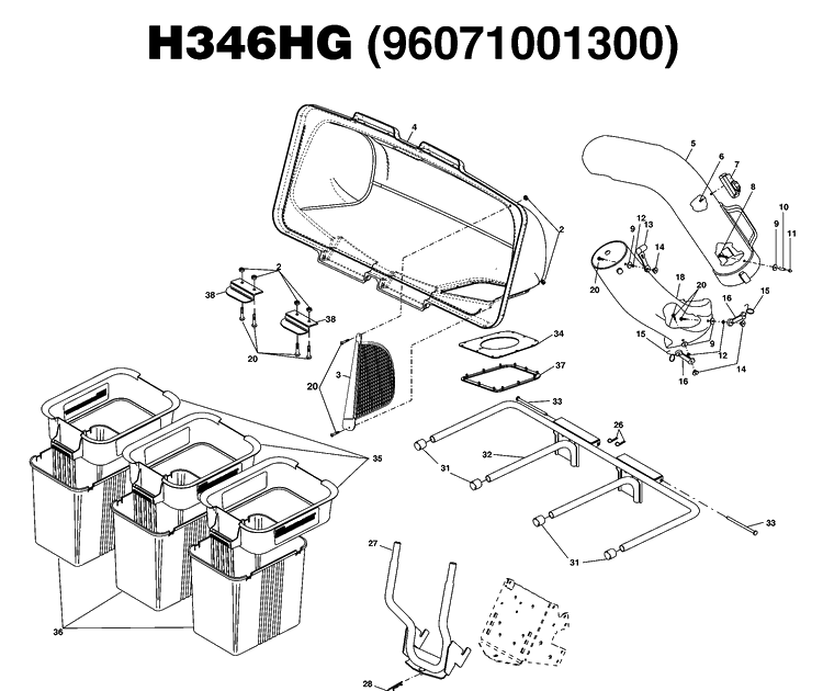 Bagger Diagram and Parts List for 96071001300 2007-05 Husqvarna Lawn Tractor Accessories