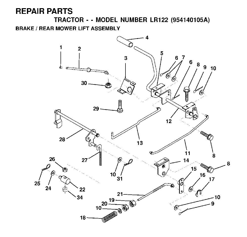 Brake / Rear Mower Lift Diagram and Parts List for LR122 (954140105A)(1999-09) Husqvarna Lawn Tractor