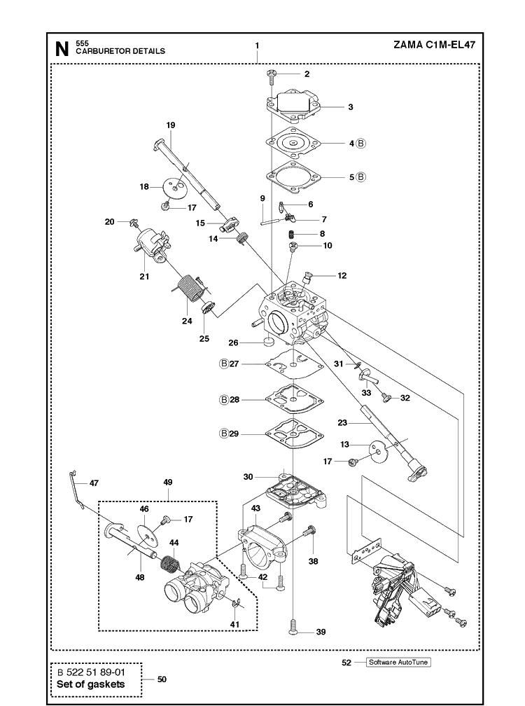 Carburetor Details Diagram and Parts List for 555 2013-01 Husqvarna Chainsaw