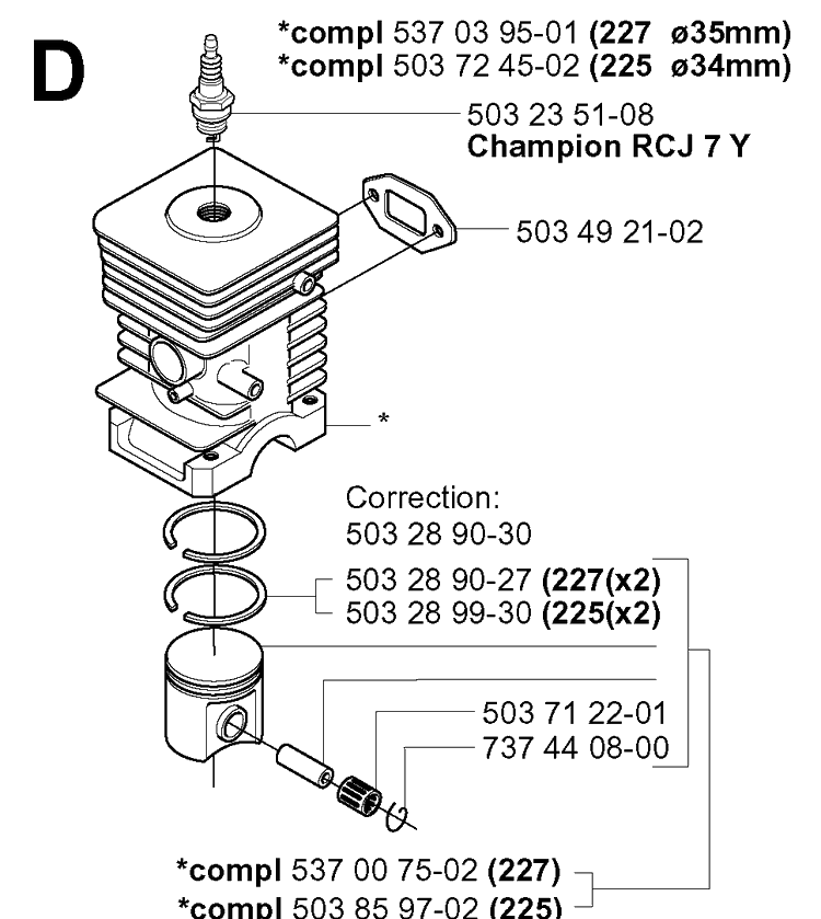 Cylinder Piston Diagram and Parts List for 227L 2000-10 Husqvarna Trimmer