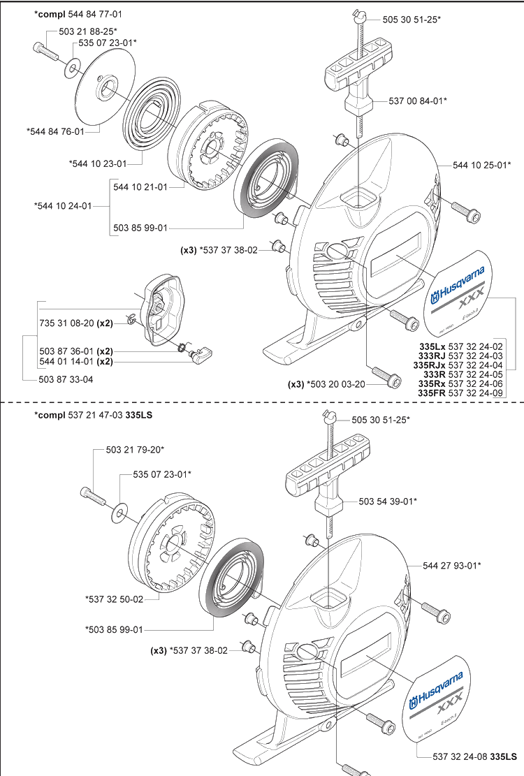 Starter Diagram and Parts List for 335FR 2008-09 Husqvarna Brush Cutter