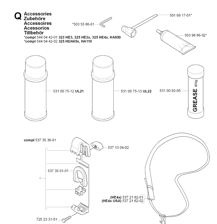 Accessories Diagram and Parts List for 325HDA65 (X-SERIES)(20070100001-20090900000) Husqvarna Hedge Trimmer