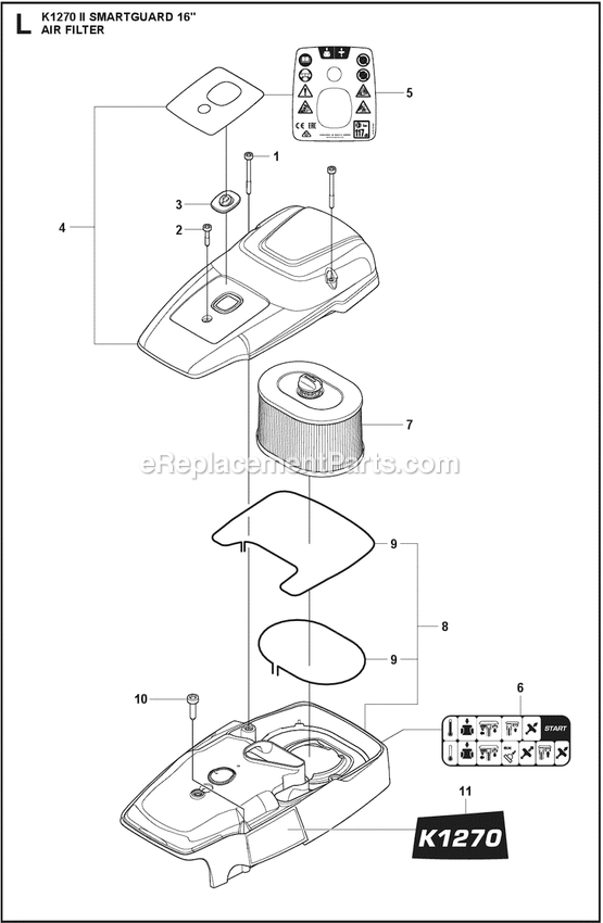 Air Filter Diagram and Parts List for K1270II  Husqvarna Concrete Saw