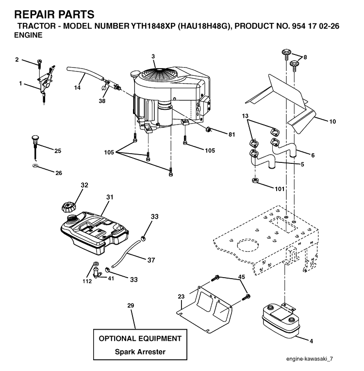 Engine Diagram and Parts List for YTH1848XP (HAU18H48G)(2004-09) Husqvarna Lawn Tractor