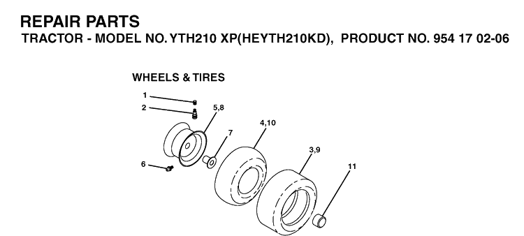 Wheels And Tires Diagram and Parts List for YTH210XP (HEYTH210KD)(2004-06) Husqvarna Lawn Tractor