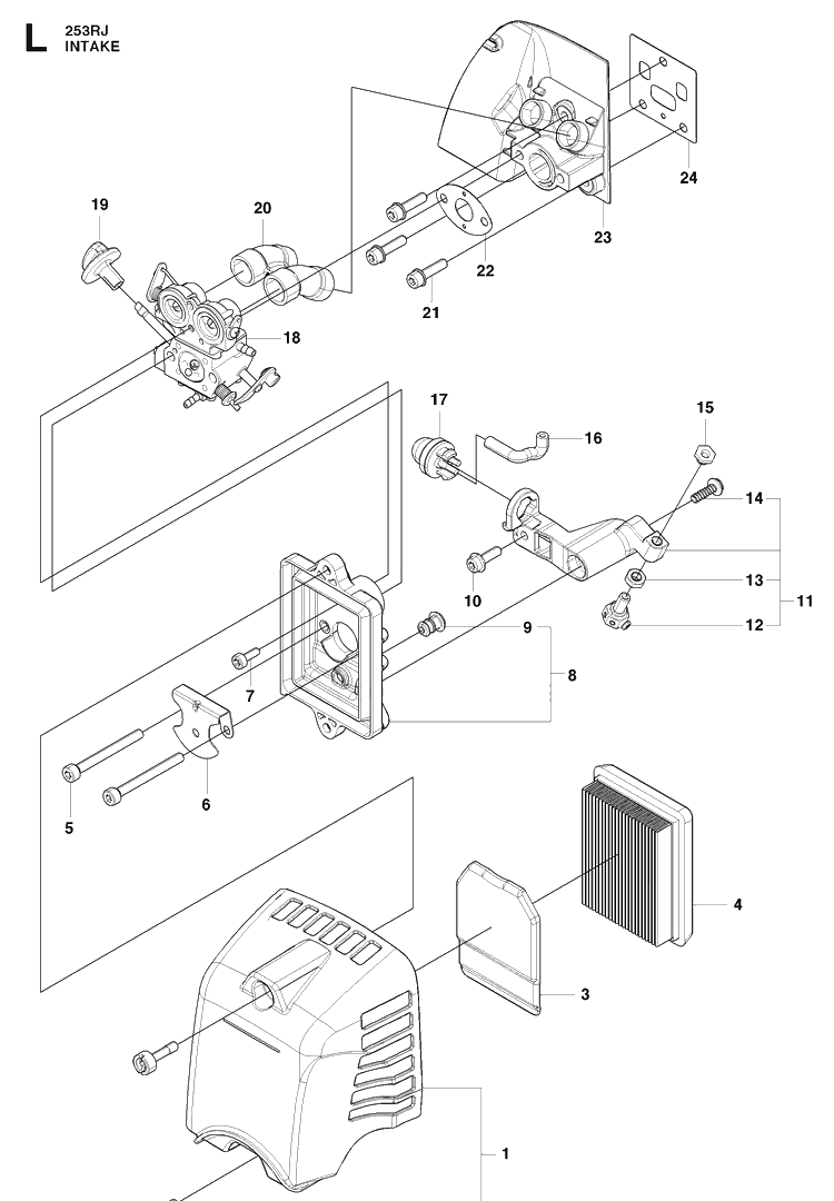 Carburetor And Air Filter Diagram and Parts List for 253RJ 20091400001-20113200000 Husqvarna Brush Cutter
