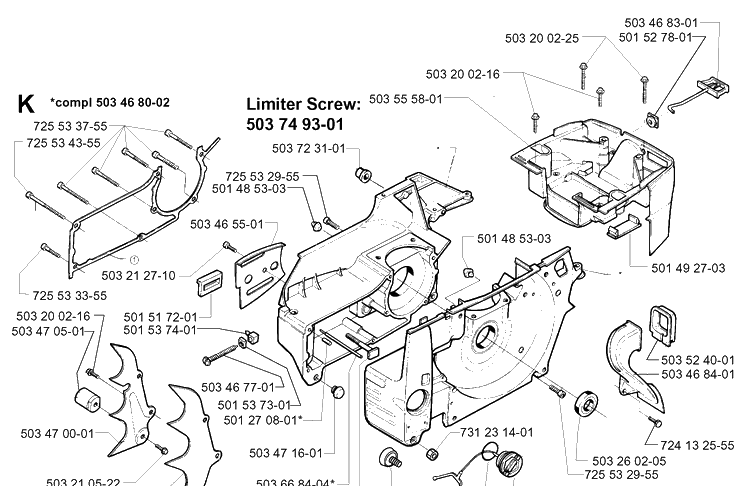 Crankcase Diagram and Parts List for 394XP 19980900001-Current Husqvarna Chainsaw