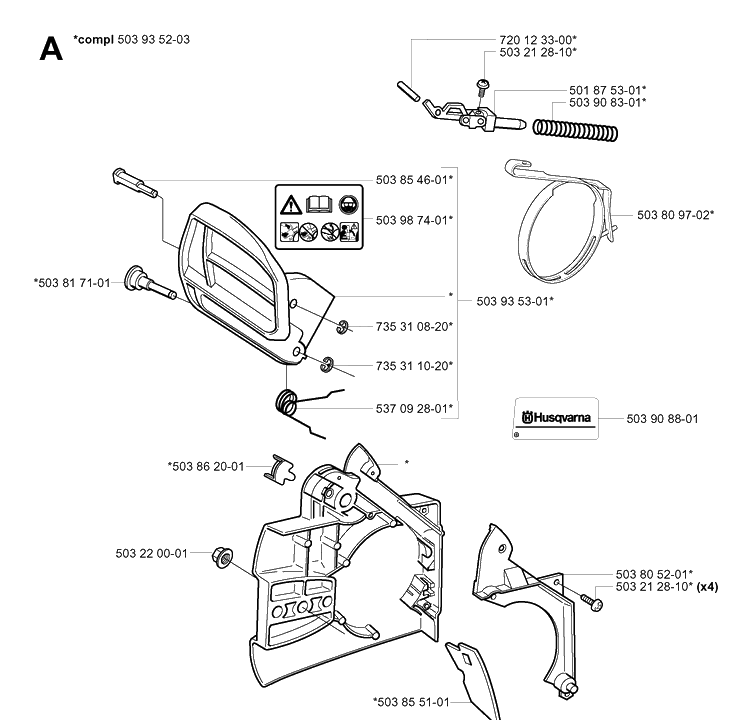 Chain Brake Diagram and Parts List for 334T 20034400001-20040100000 Husqvarna Chainsaw