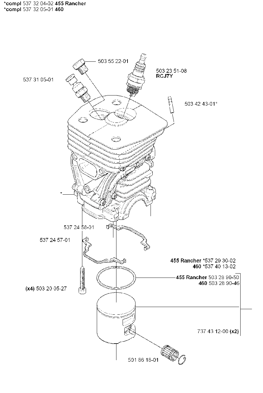 Piston/ Cylinder Diagram and Parts List for 455ERANCHER 2007-01 Husqvarna Chainsaw