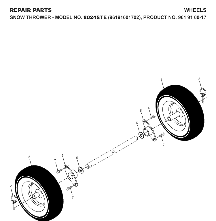 Wheels And Tires Diagram and Parts List for 8024STE (96191001702)(2007-10) Husqvarna Snow Blower