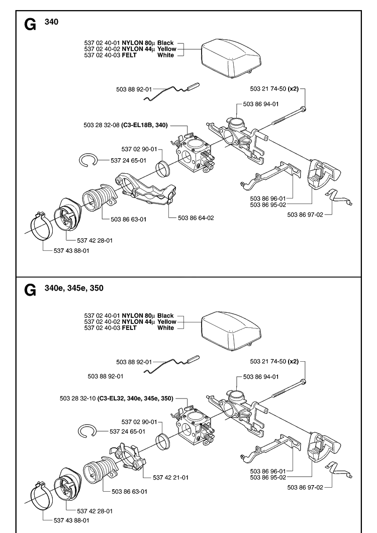Carburetor And Air Filter Diagram and Parts List for 340E 20062300001-Current Husqvarna Chainsaw