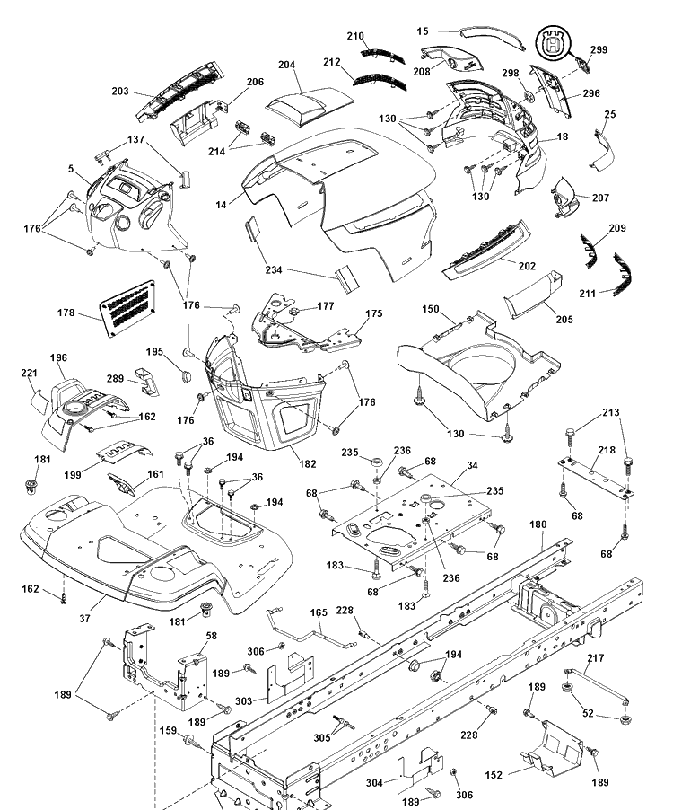 Chassis And Enclosures Diagram and Parts List for YTH150 (96041002203)(2009-01) Husqvarna Lawn Tractor