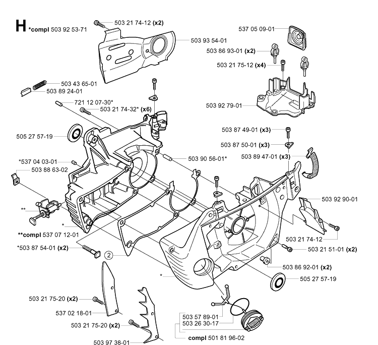 Crankcase Diagram and Parts List for 359 20014000001-20041800000 Husqvarna Chainsaw