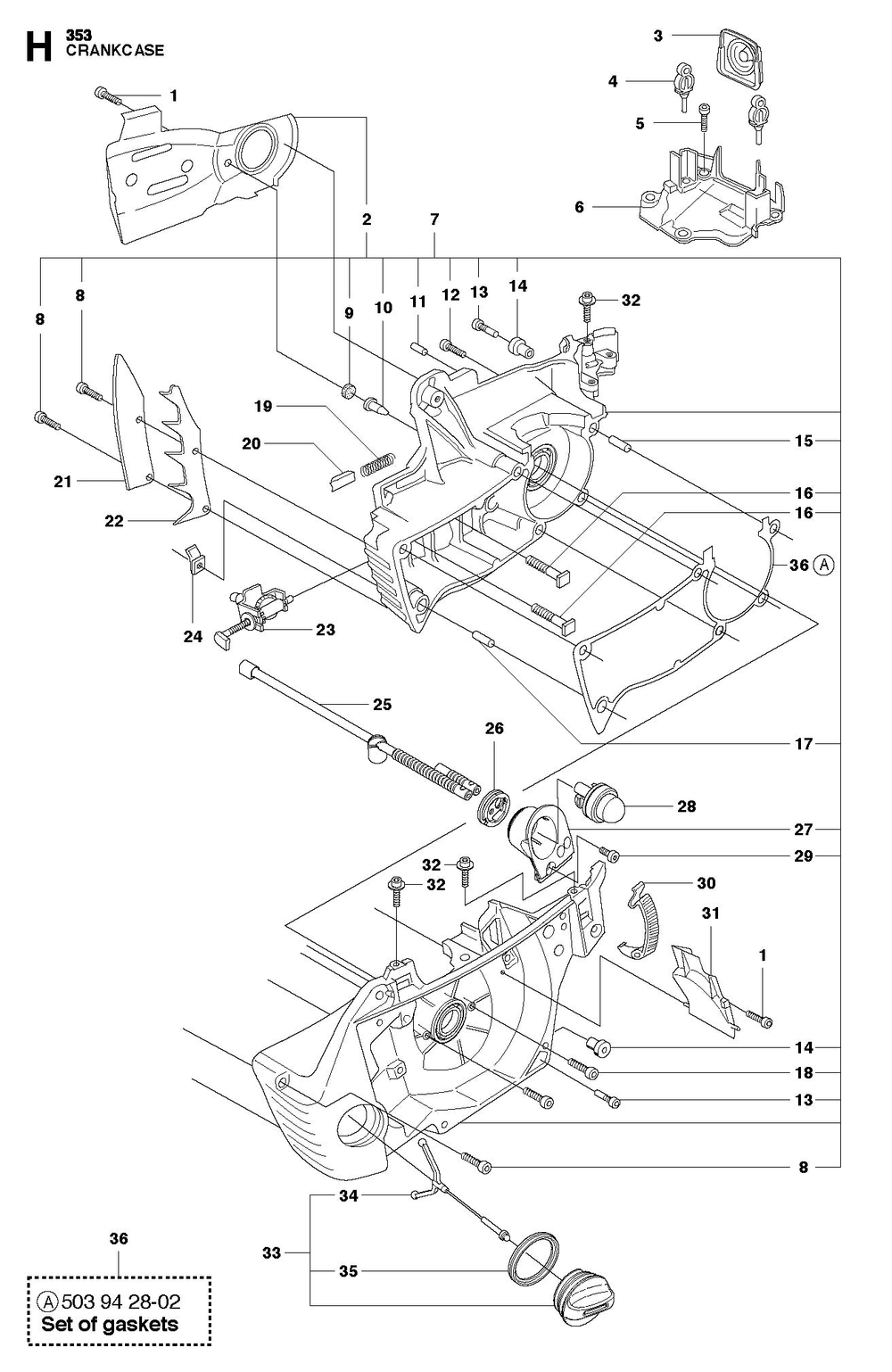 Crankcase Diagram and Parts List for 353-353G 353E-tech-353G E-tech Husqvarna Chainsaw
