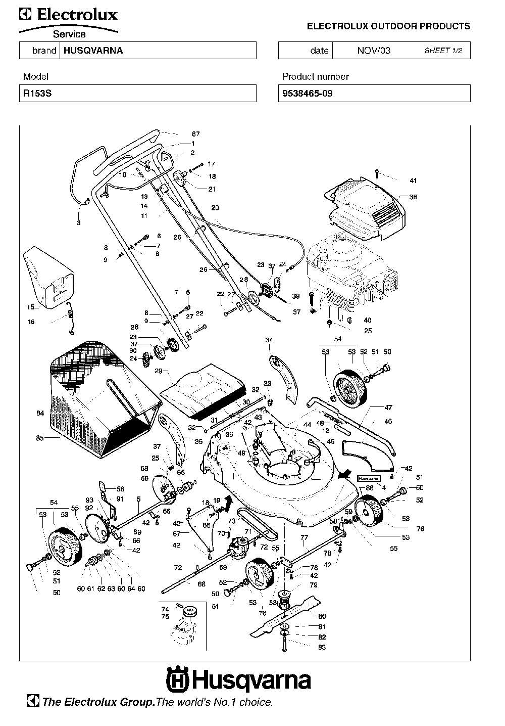 Product Complete Diagram and Parts List for R153S (953846509)(2004-01) Husqvarna Lawn Mower