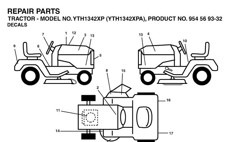 Decals Diagram and Parts List for YTH1342XP-YTH1342XPA 2003-03 Husqvarna Lawn Tractor