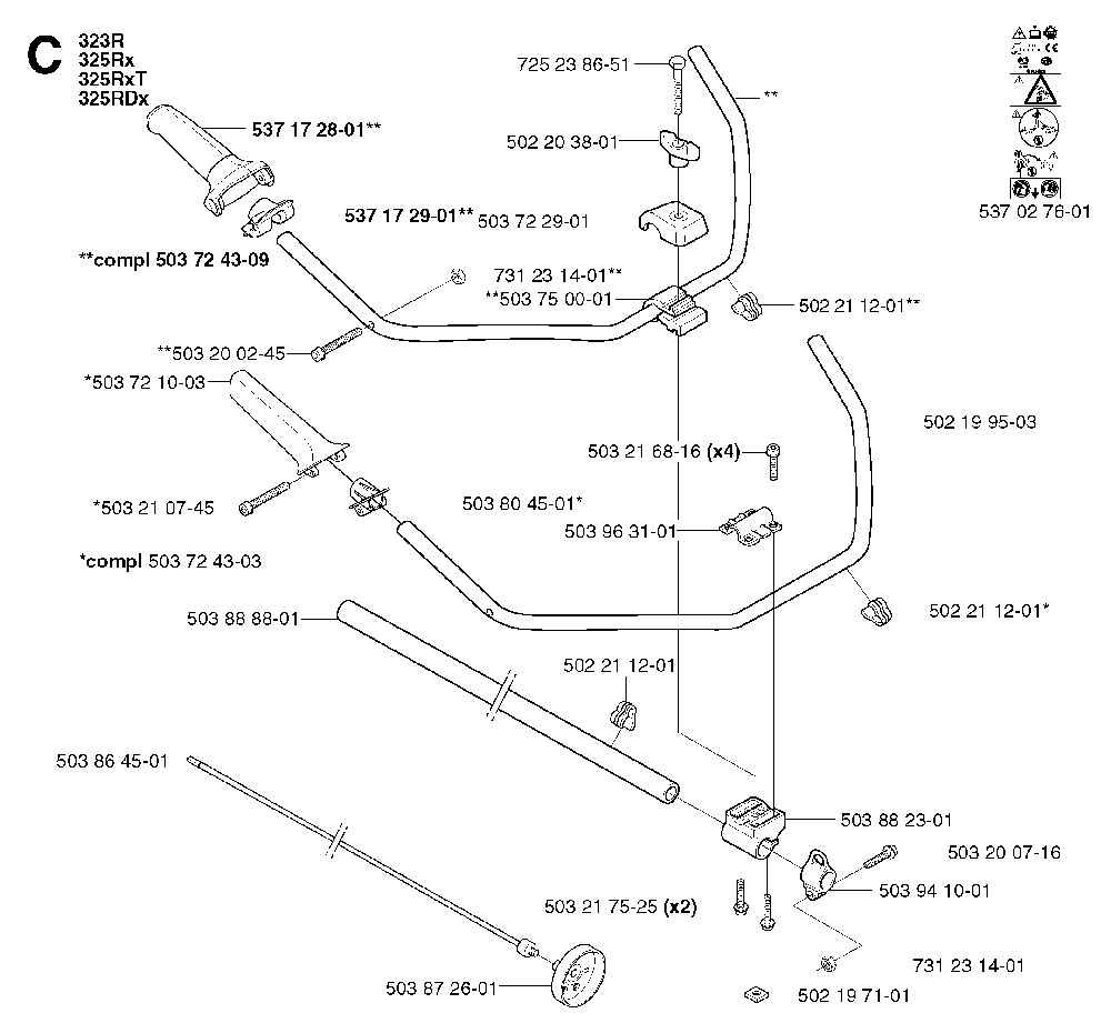Shaft And Handle Diagram and Parts List for 325RXT 2002-01 Husqvarna Brush Cutter