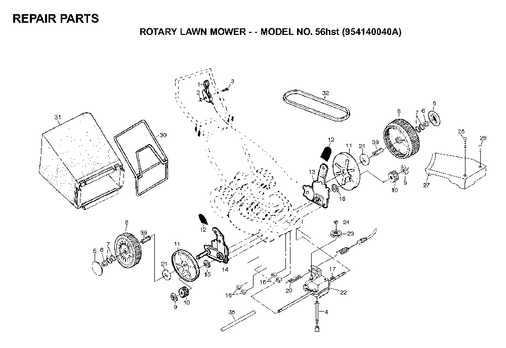 Repair Parts Diagram and Parts List for 56HST (954140040A, 702511)(1997-01) Husqvarna Lawn Mower
