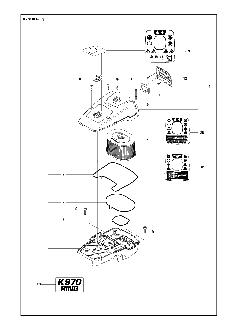 Air Filter Cover Diagram and Parts List for K970IIIRING 2017-03 Husqvarna Circular Saw