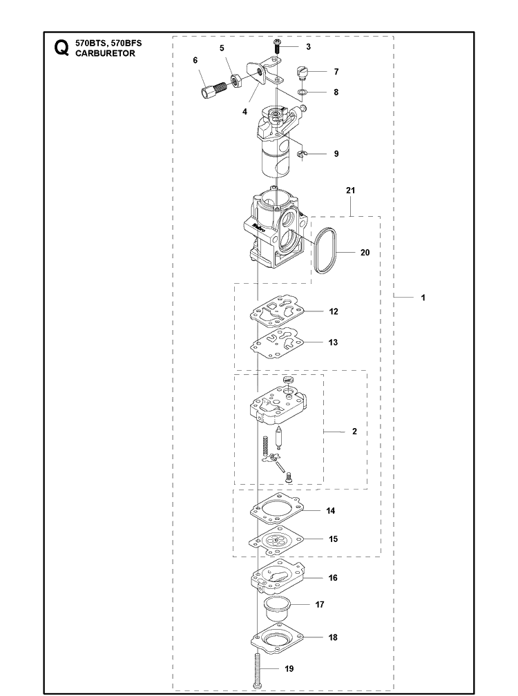 Carburetor Diagram and Parts List for 570BTS 220628-20190100001 and up Husqvarna Leaf Blower / Vacuum