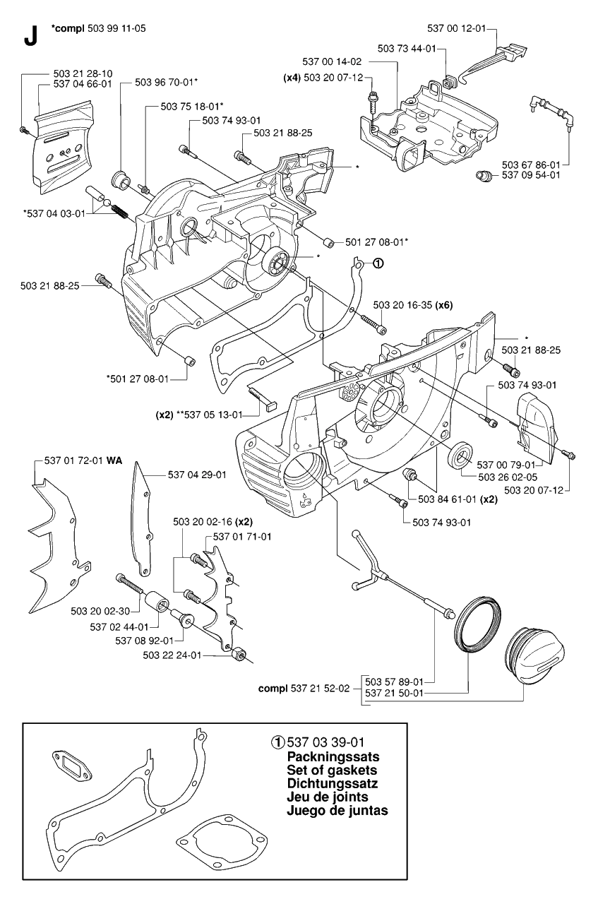 Crankcase Diagram and Parts List for 390XP-XPG-XPW 20064000001 & Above Husqvarna Chainsaw