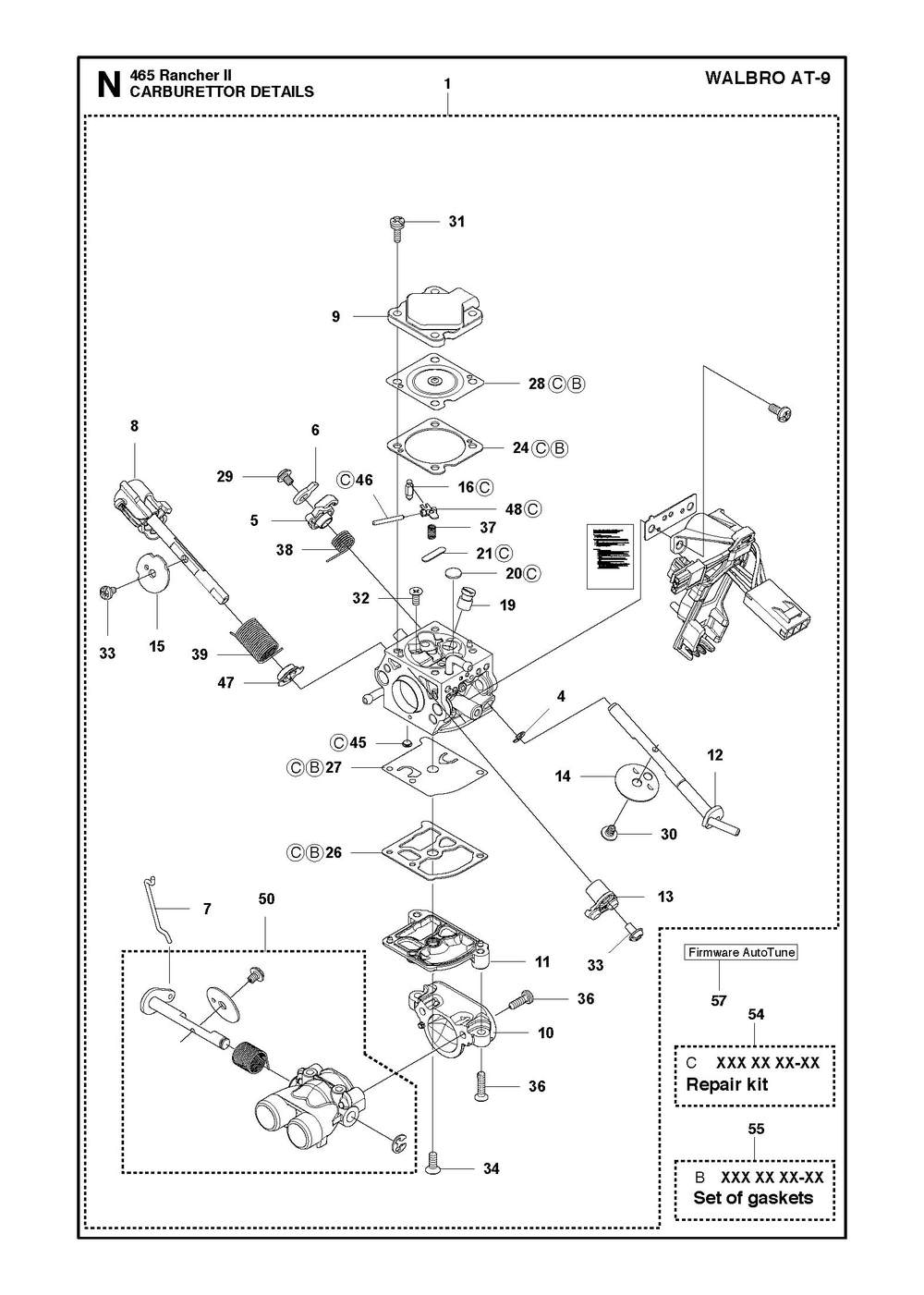 Carburetor Details Diagram and Parts List for 465RANCHER  Husqvarna Chainsaw