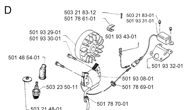 Ignition System Diagram and Parts List for 16H 1990-02 Husqvarna Hedge Trimmer