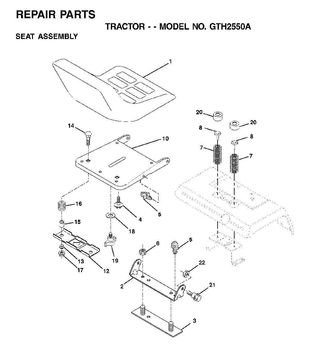 Seat Diagram and Parts List for GTH2550A (954567109)(2001-05) Husqvarna Lawn Tractor