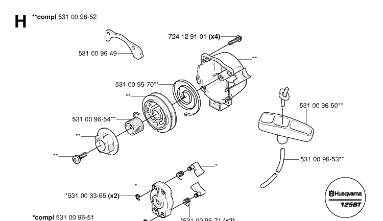 Starter Diagram and Parts List for 125BT TJ027D-AC55 Husqvarna Leaf Blower / Vacuum