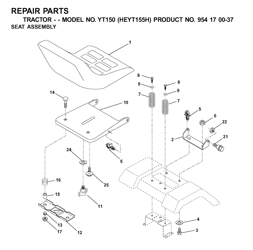 Seat Diagram and Parts List for YT150 (954170037-H)(2001-09) Husqvarna Lawn Tractor