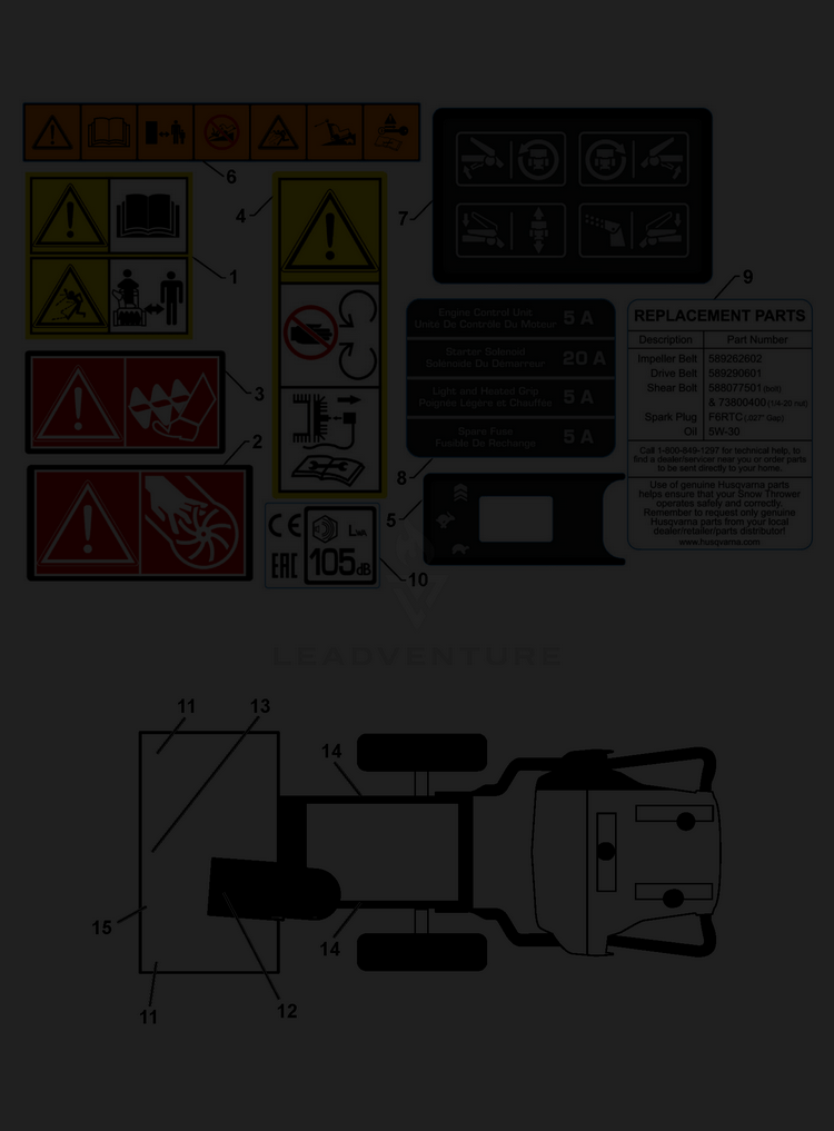 Decals Diagram and Parts List for ST427  Husqvarna Snow Blower