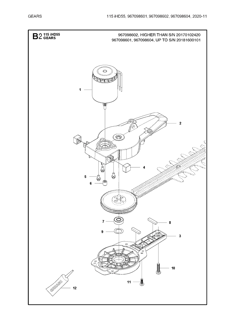 Gears Diagram and Parts List for 115IHD55  Husqvarna Hedge Trimmer