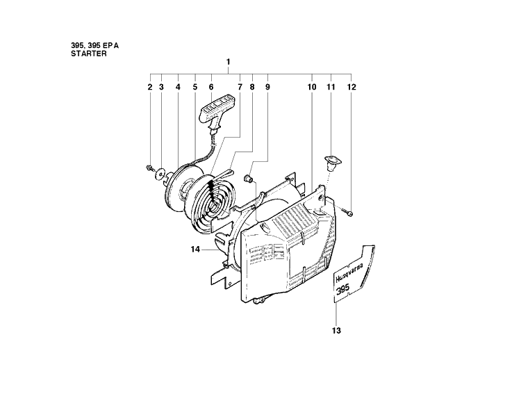 Starter Diagram and Parts List for 395XP/ (XPG - 395 XP EPA)(20102200001-20163899999) Husqvarna Chainsaw