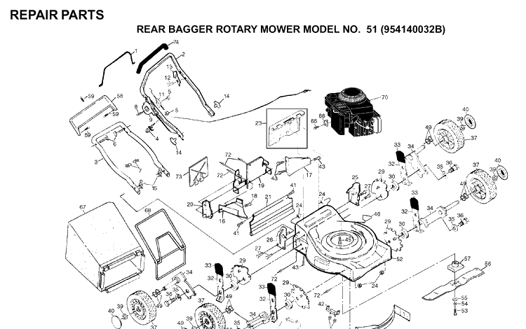 Product Complete Diagram and Parts List for 51 (954140032B)(1997-01) Husqvarna Lawn Mower