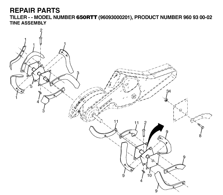 Tine Assembly Diagram and Parts List for 650RTT (96093000201)(2006-12) Husqvarna Cultivator