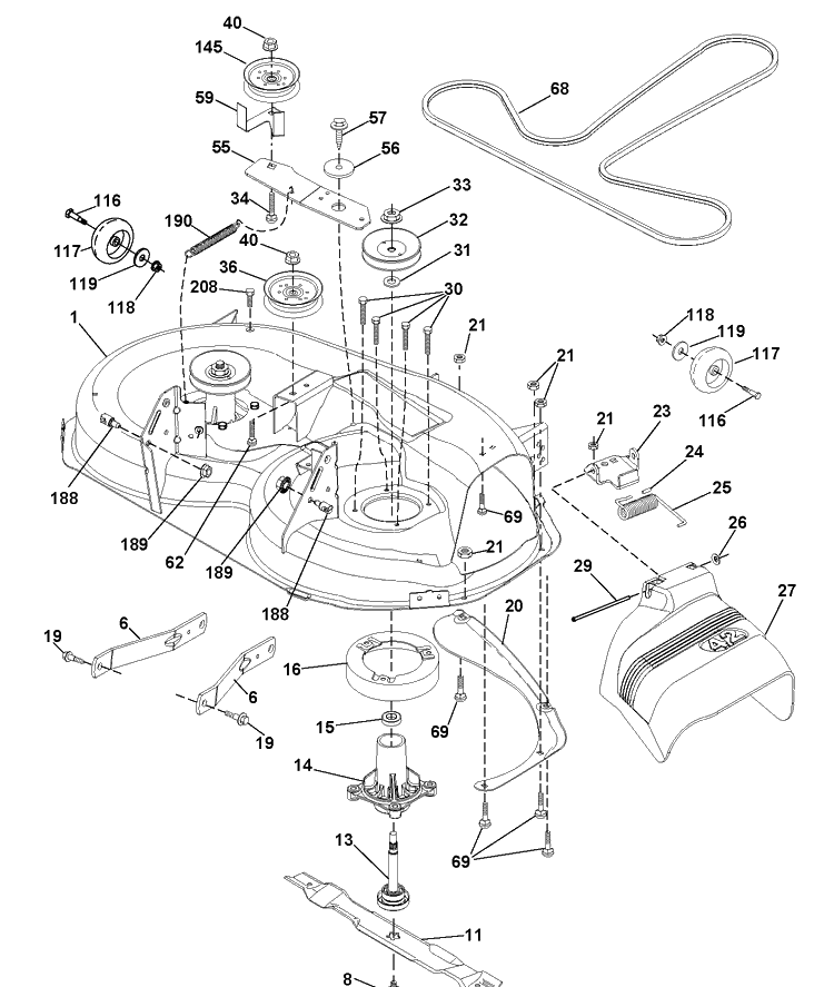 Mower Deck / Cutting Deck Diagram and Parts List for YTH150 (96041002102)(2009-01) Husqvarna Lawn Tractor