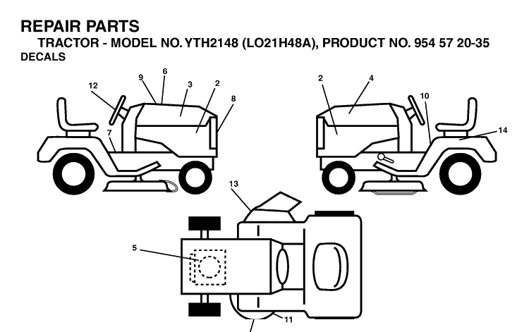 Decals Diagram and Parts List for YTH2148-LO21H48A 2003-12 Husqvarna Lawn Tractor