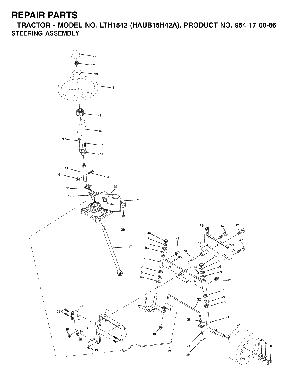 Steering Diagram and Parts List for LTH1542 (954170086-A)(2003-01) Husqvarna Lawn Tractor