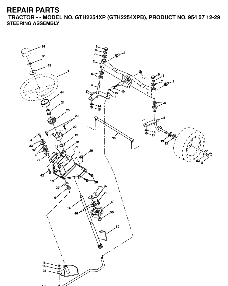 Steering Diagram and Parts List for GTH2254XP-GTH2254XPB 2004-08 Husqvarna Lawn Tractor