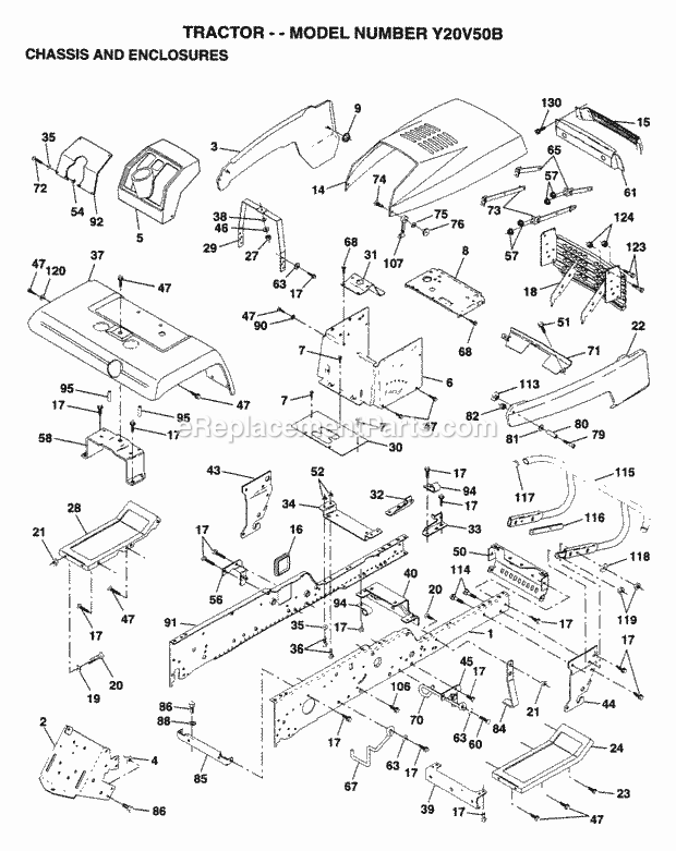 Chassis And Enclosures Diagram and Parts List for Y20V50B 1995 Husqvarna Lawn Tractor