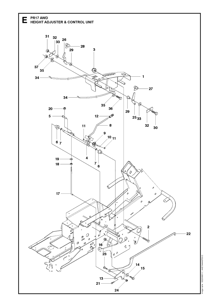 Height Adjuster And Control Unit Diagram and Parts List for PR17 AWD Husqvarna Lawn Mower