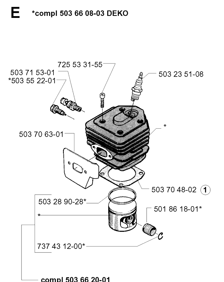 Cylinder Piston Diagram and Parts List for 257 19960100001-19980900000 Husqvarna Chainsaw