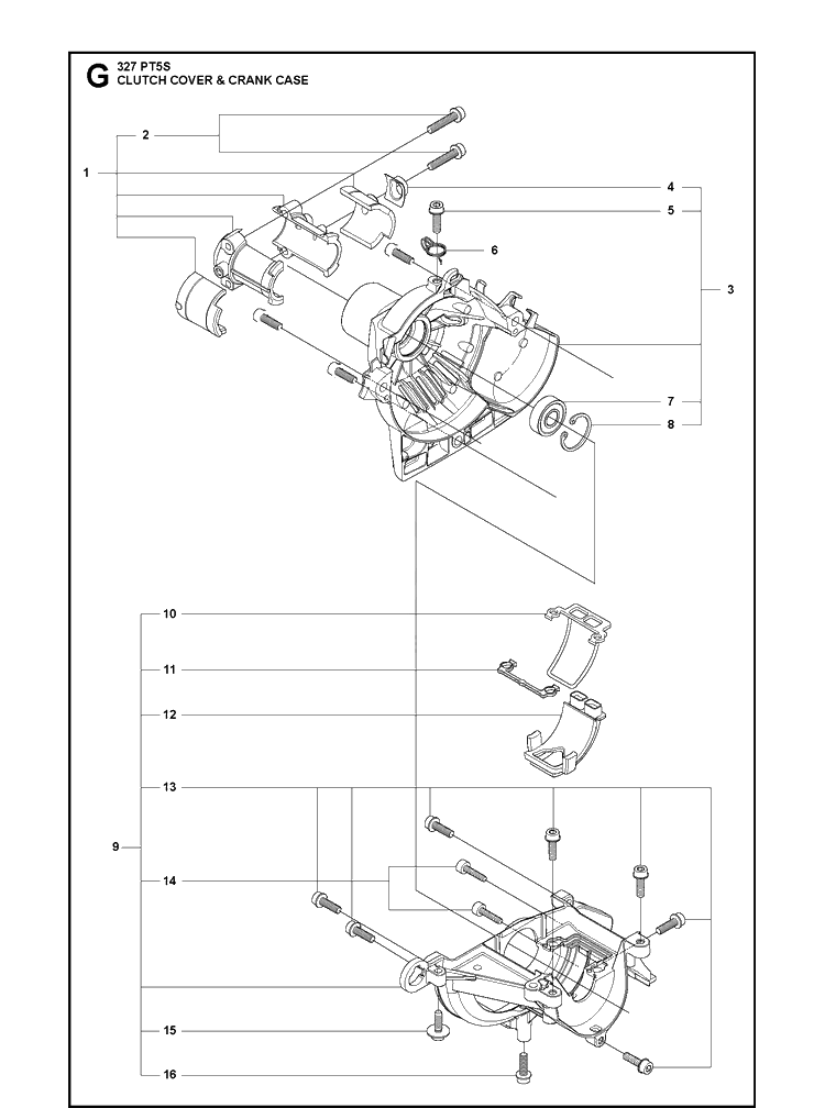 Clutch Cover And Crank Case Diagram and Parts List for 327PT5S 20120100001-Current Husqvarna Pole Saw