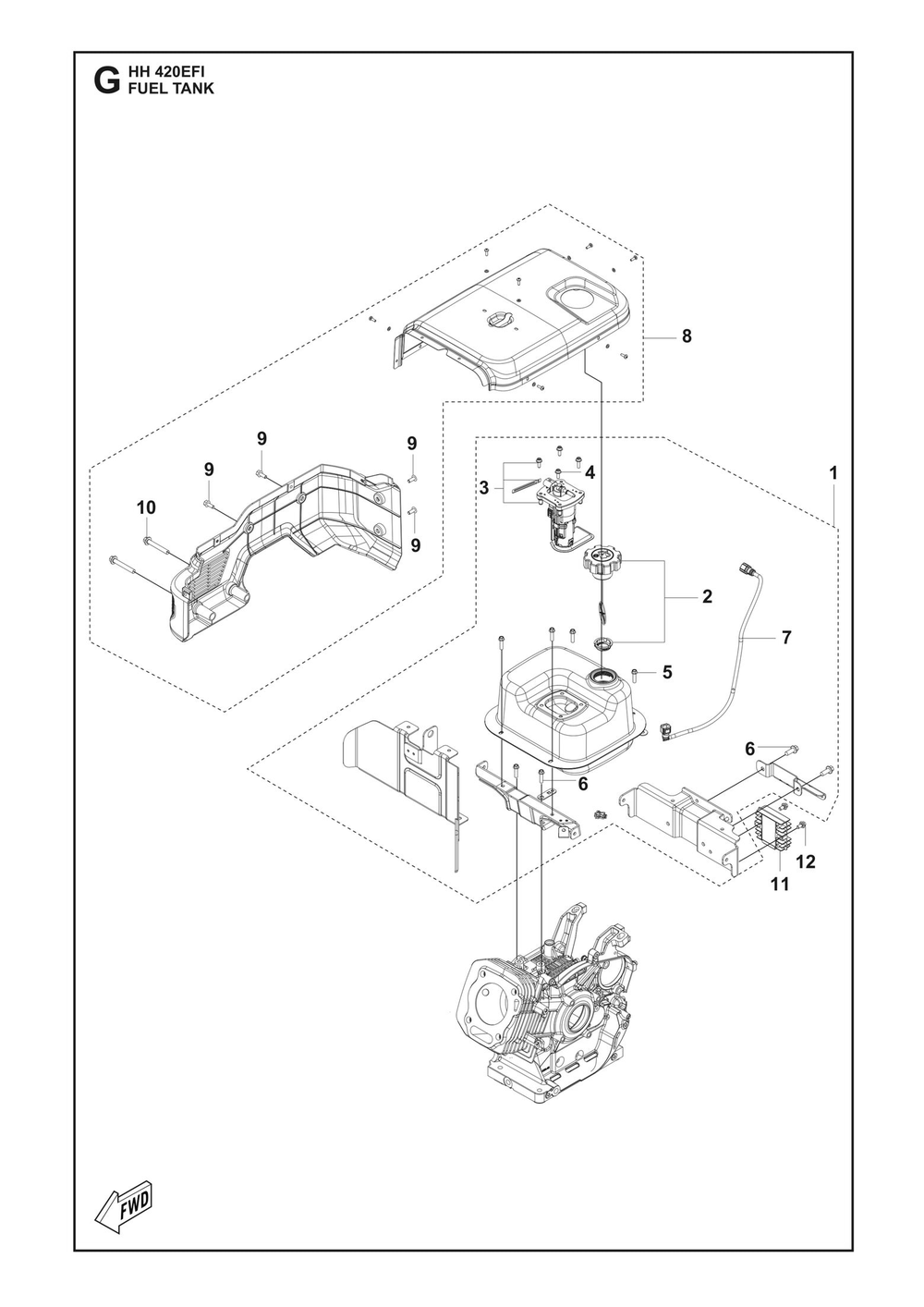 Fuel Tank Diagram and Parts List for HH420EFI 598610501, 598610502 Husqvarna Engine