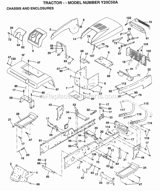 Chassis And Enclosures Diagram and Parts List for Y20C50A 1995 Husqvarna Lawn Tractor